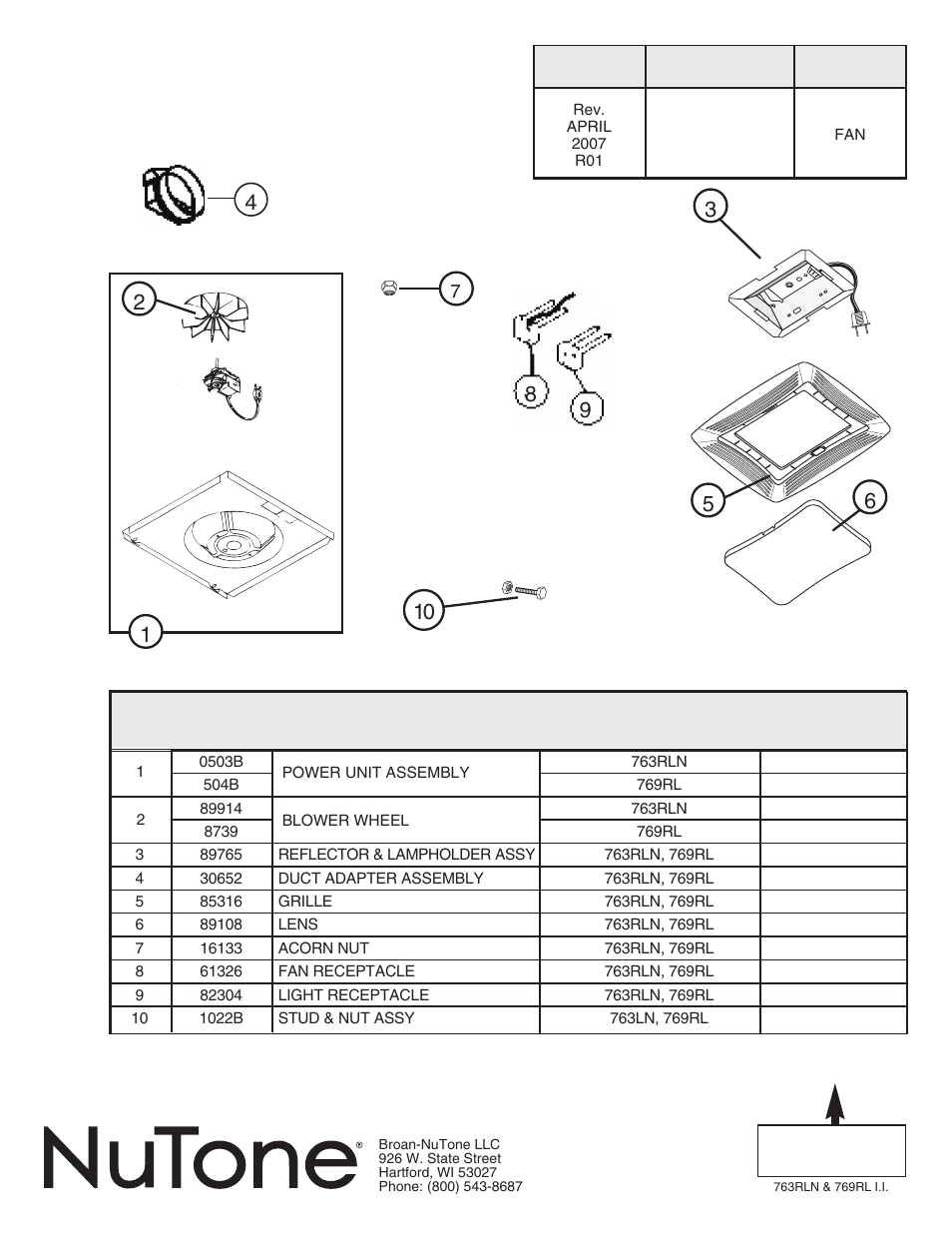 Parts list | NuTone 769RL User Manual | Page 8 / 8