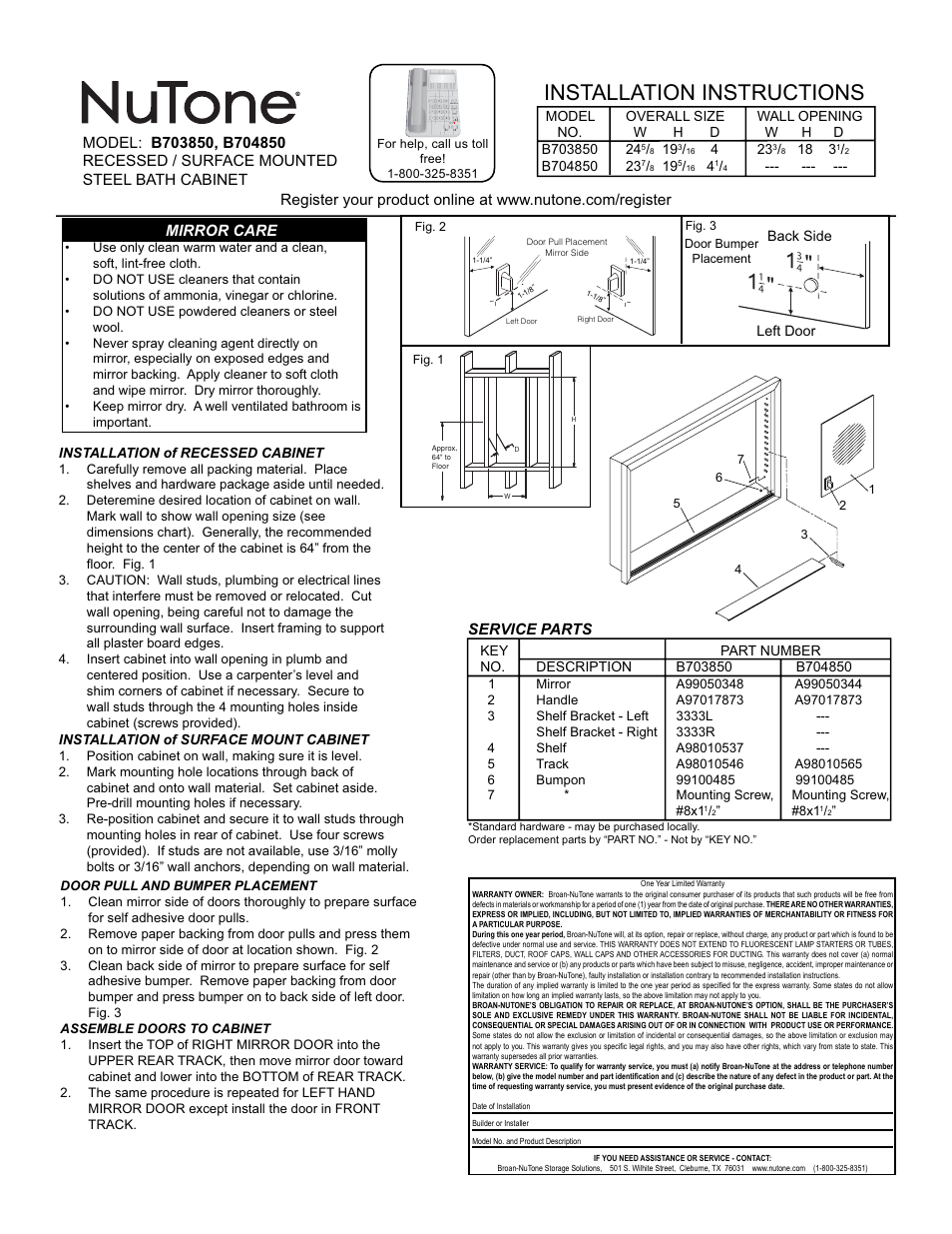 NuTone B703850 User Manual | 2 pages