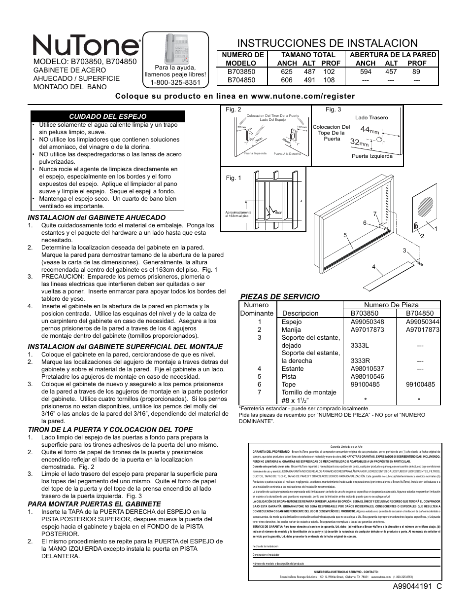 Instrucciones de instalacion, Piezas de servicio | NuTone B703850 User Manual | Page 2 / 2