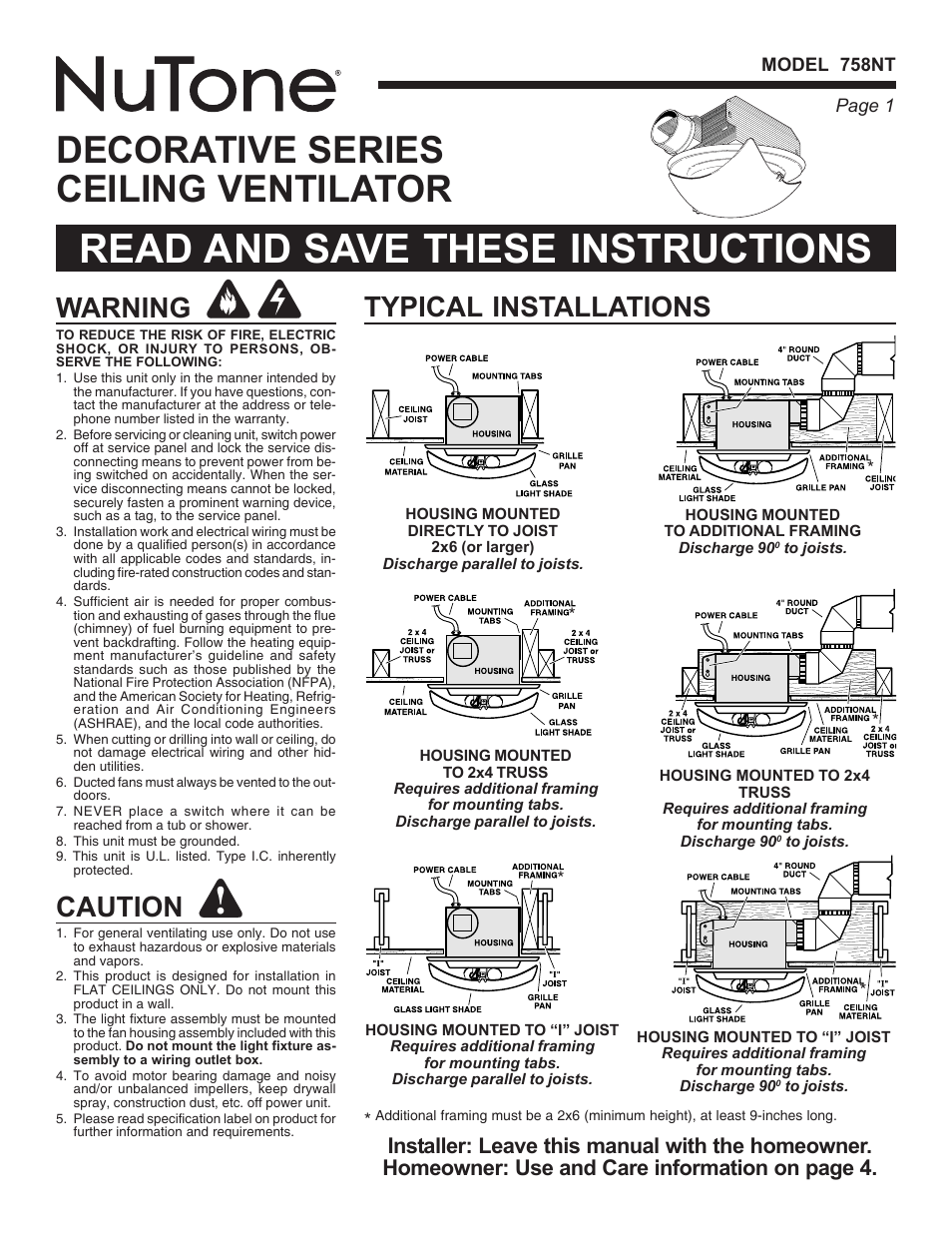 NuTone DECORATIVE SERIES 758NT User Manual | 8 pages