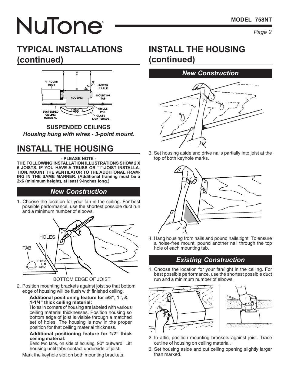 Typical installations (continued), Install the housing (continued), Install the housing | New construction existing construction, New construction | NuTone DECORATIVE SERIES 758NT User Manual | Page 2 / 8
