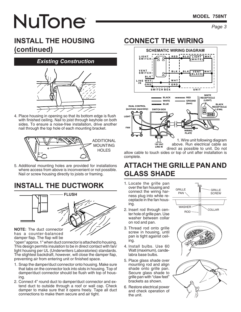 Connect the wiring, Existing construction, Page 3 model 758nt | NuTone DECORATIVE SERIES 758NT User Manual | Page 3 / 8