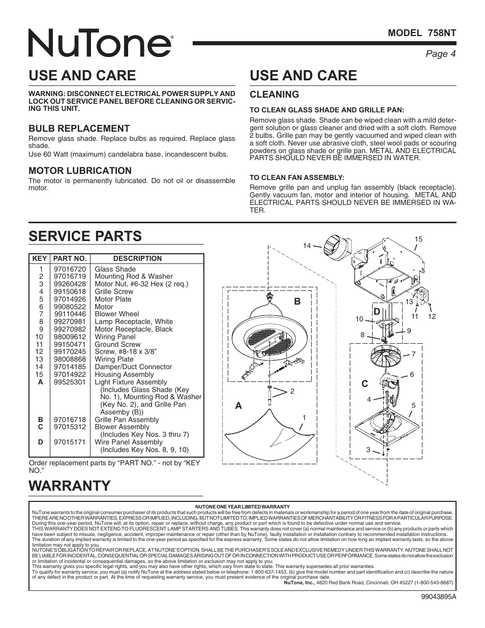 Use and care, Service parts warranty, Page 4 model 758nt | Bulb replacement, Motor lubrication, Cleaning, Ac d | NuTone DECORATIVE SERIES 758NT User Manual | Page 4 / 8