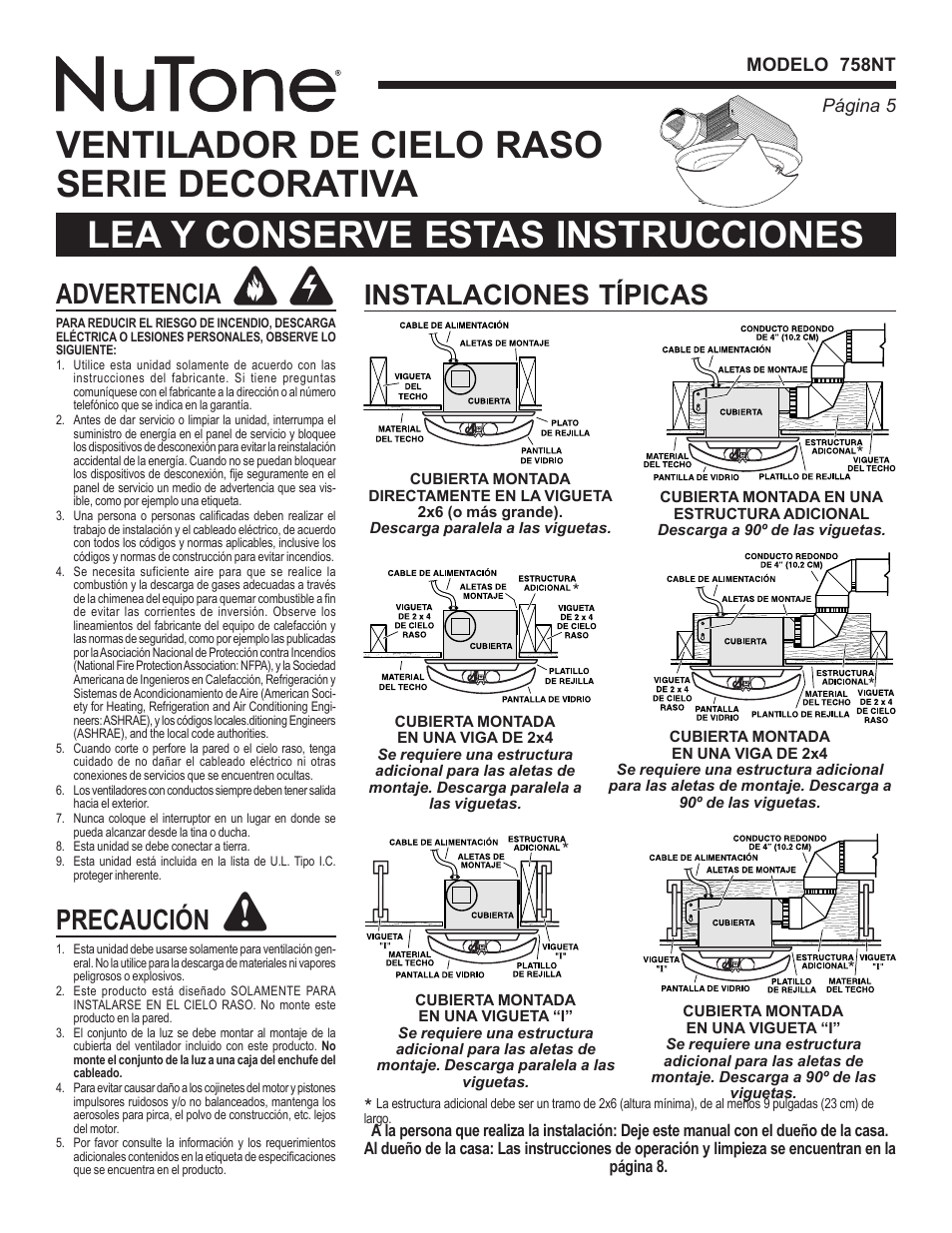 Ventilador de cielo raso serie decorativa, Lea y conserve estas instrucciones, Advertencia | Precaución, Instalaciones típicas | NuTone DECORATIVE SERIES 758NT User Manual | Page 5 / 8