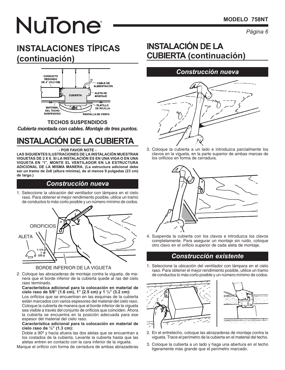 Instalaciones típicas (continuación), Construcción nueva construcción existente, Construcción nueva | NuTone DECORATIVE SERIES 758NT User Manual | Page 6 / 8
