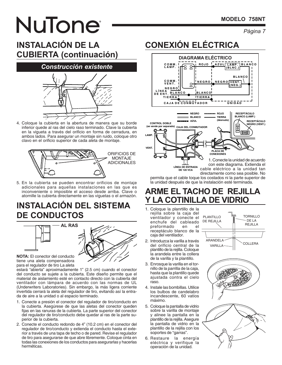 Conexión eléctrica, Arme el tacho de rejilla y la cotinilla de vidrio, Construcción existente | Página 7 modelo 758nt | NuTone DECORATIVE SERIES 758NT User Manual | Page 7 / 8