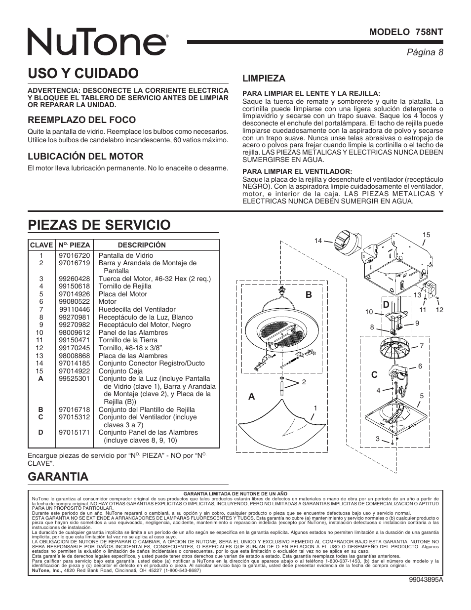 Uso y cuidado, Piezas de servicio, Garantia | Página 8 modelo 758nt, Reemplazo del foco, Lubicación del motor, Limpieza, Ac d | NuTone DECORATIVE SERIES 758NT User Manual | Page 8 / 8