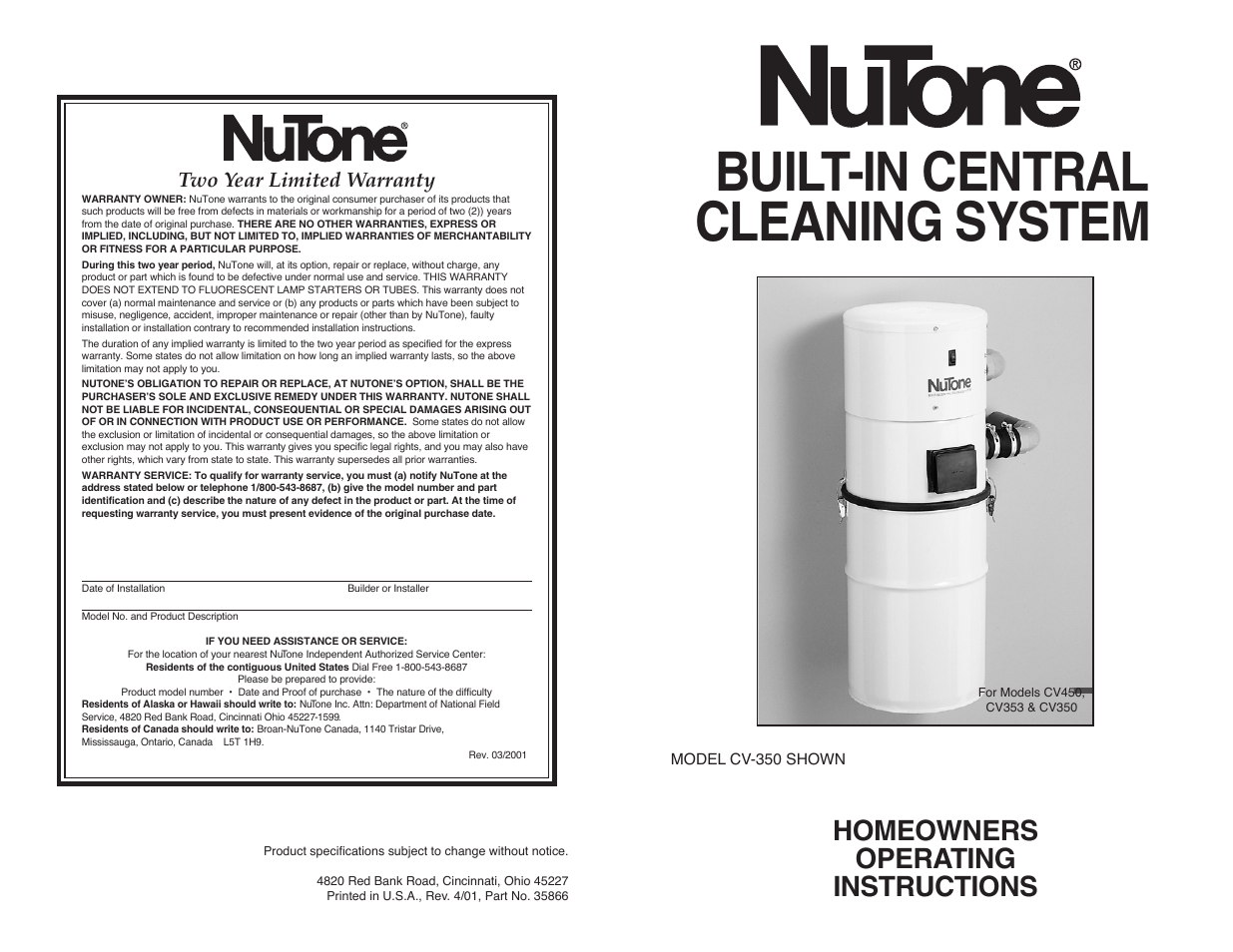 NuTone CV350 User Manual | 6 pages