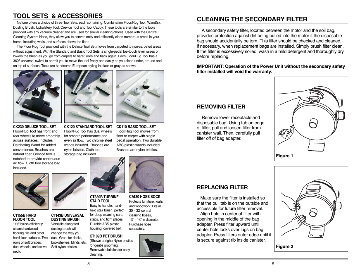 Cleaning the secondary filter, Tool sets & accessories, Removing filter | Replacing filter | NuTone CV350 User Manual | Page 5 / 6