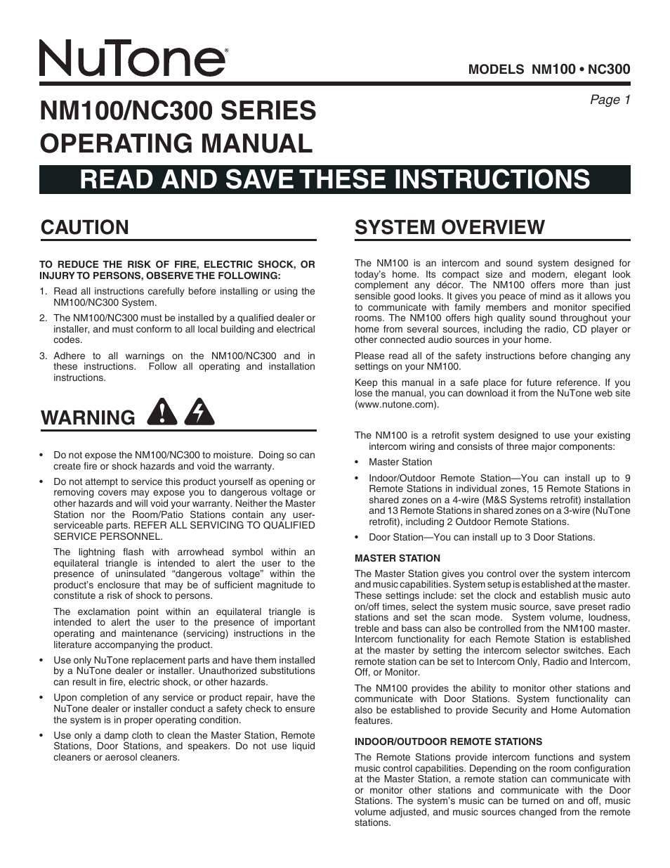 NuTone NC300 series User Manual | 8 pages