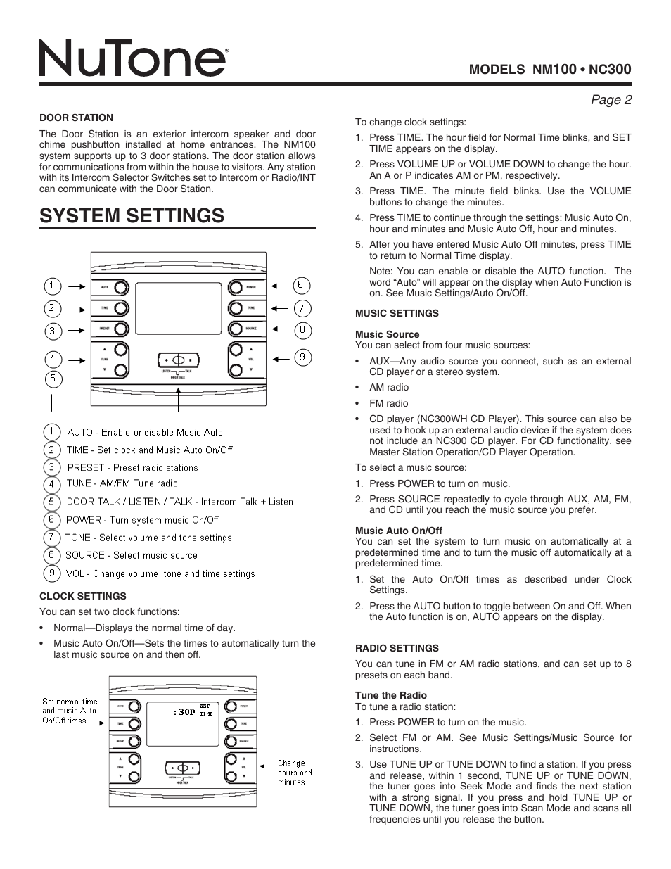 System settings | NuTone NC300 series User Manual | Page 2 / 8