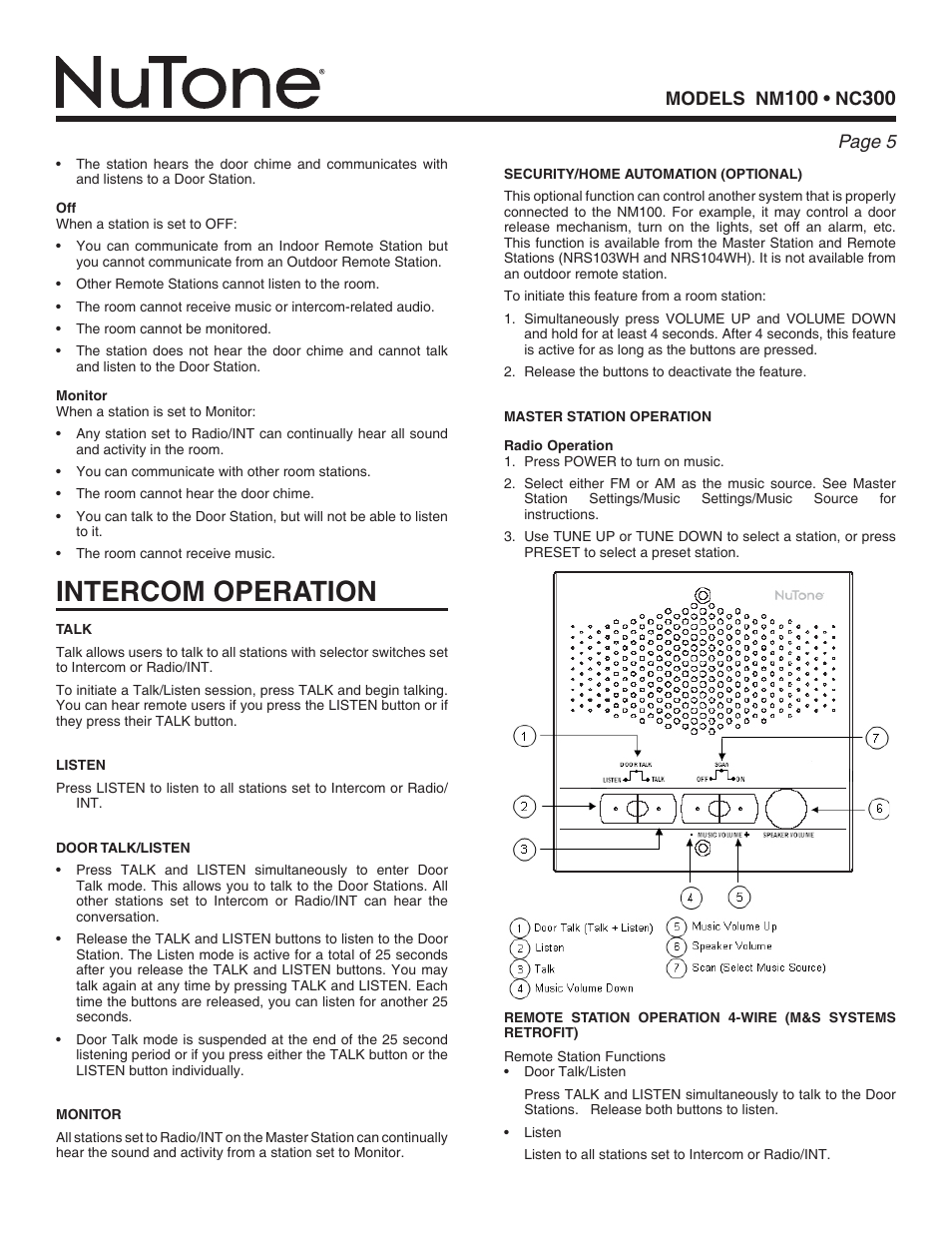 Intercom operation | NuTone NC300 series User Manual | Page 5 / 8