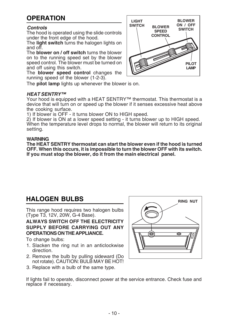 Halogen bulbs, Operation | NuTone NP61000 User Manual | Page 10 / 36