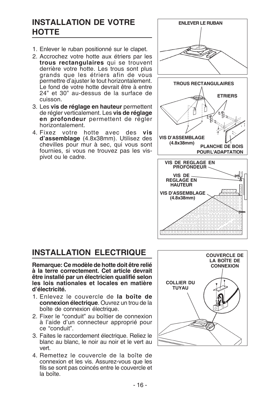 Installation de votre hotte, Installation electrique | NuTone NP61000 User Manual | Page 16 / 36