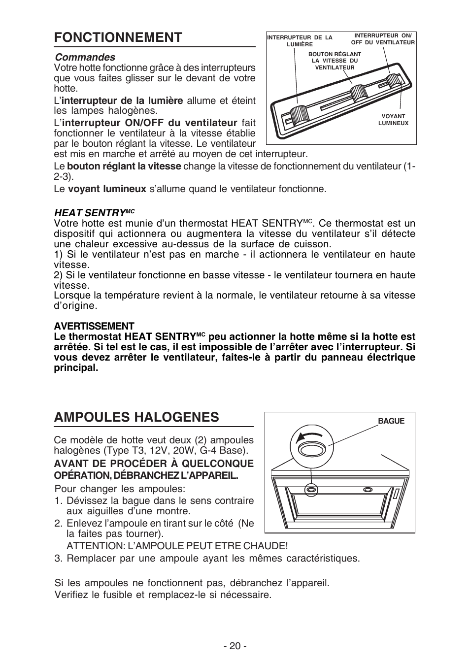 Ampoules halogenes, Fonctionnement | NuTone NP61000 User Manual | Page 20 / 36