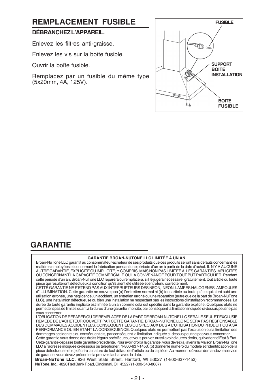 Remplacement fusible, Garantie | NuTone NP61000 User Manual | Page 21 / 36