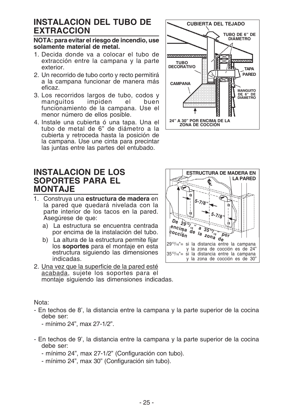 Instalacion del tubo de extraccion, Instalacion de los soportes para el montaje | NuTone NP61000 User Manual | Page 25 / 36