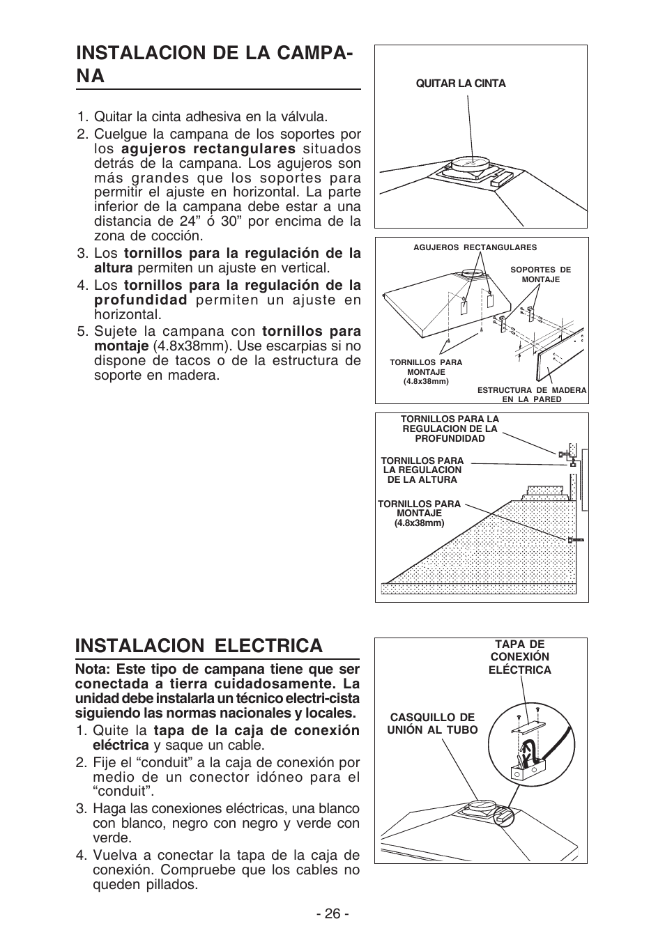 Instalacion de la campa- na, Instalacion electrica | NuTone NP61000 User Manual | Page 26 / 36