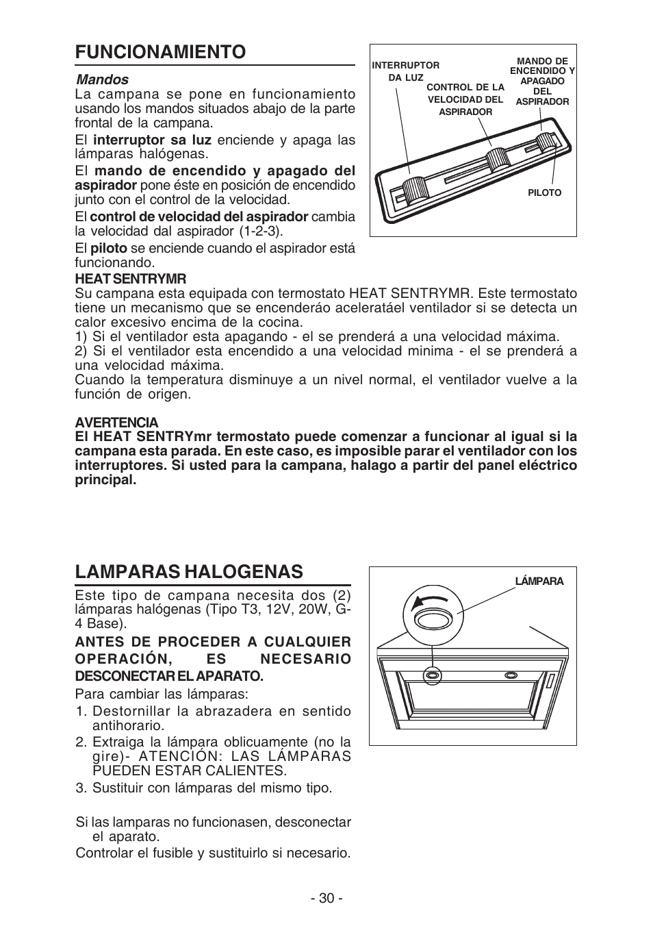 Lamparas halogenas, Funcionamiento | NuTone NP61000 User Manual | Page 30 / 36