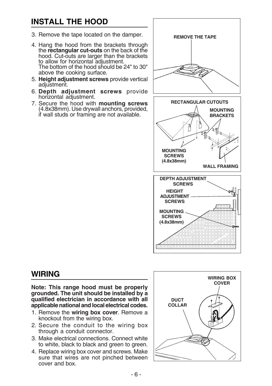 Install the hood, Wiring | NuTone NP61000 User Manual | Page 6 / 36