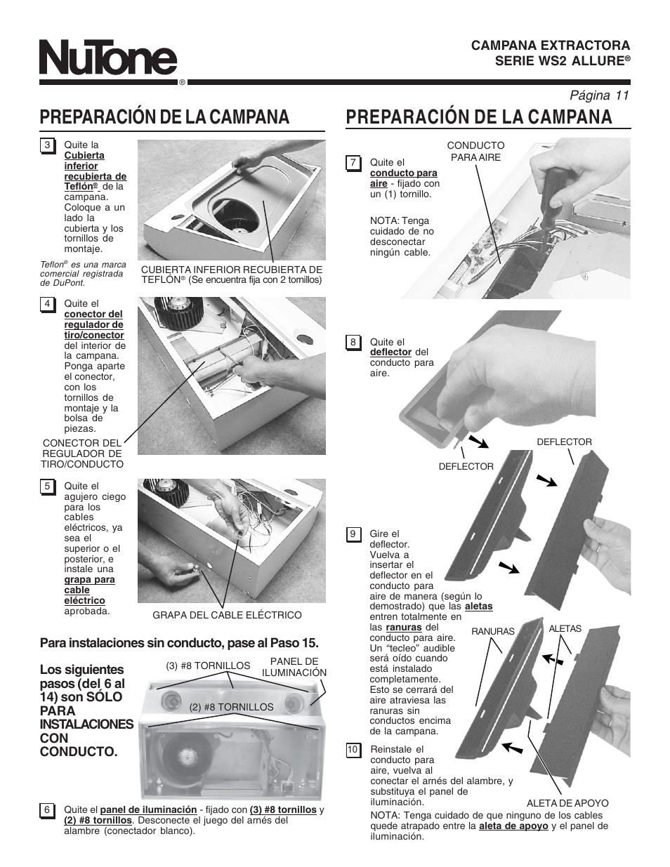 Preparación de la campana | NuTone ALLURE WS2 User Manual | Page 11 / 16