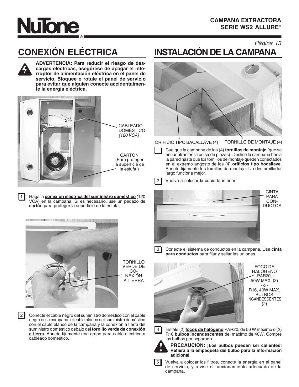 Conexión eléctrica, Instalación de la campana, Page 13 | Página 13 | NuTone ALLURE WS2 User Manual | Page 13 / 16