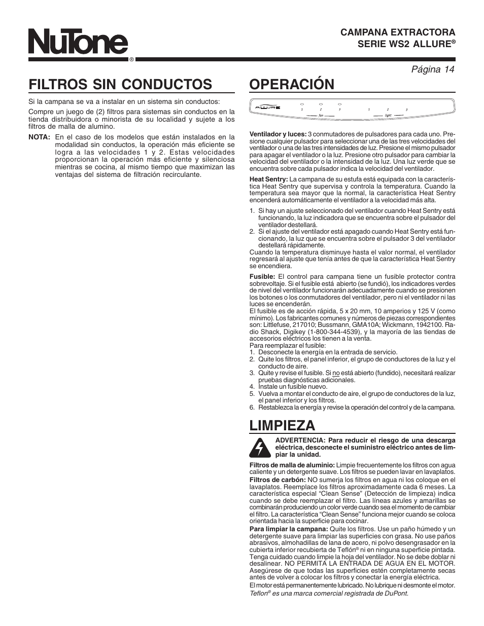Operación, Limpieza filtros sin conductos, Page 14 | Página 14 | NuTone ALLURE WS2 User Manual | Page 14 / 16