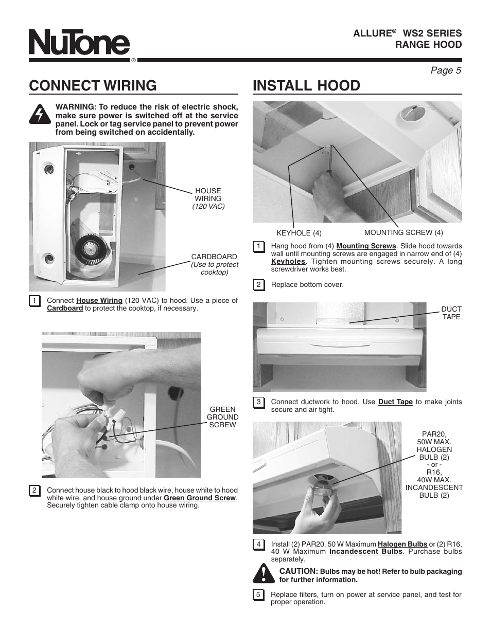 Connect wiring, Install hood, Page 5 | NuTone ALLURE WS2 User Manual | Page 5 / 16