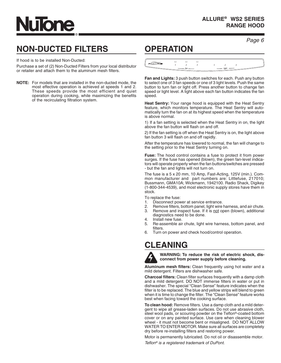 Operation, Cleaning, Non-ducted filters | Page 6 | NuTone ALLURE WS2 User Manual | Page 6 / 16