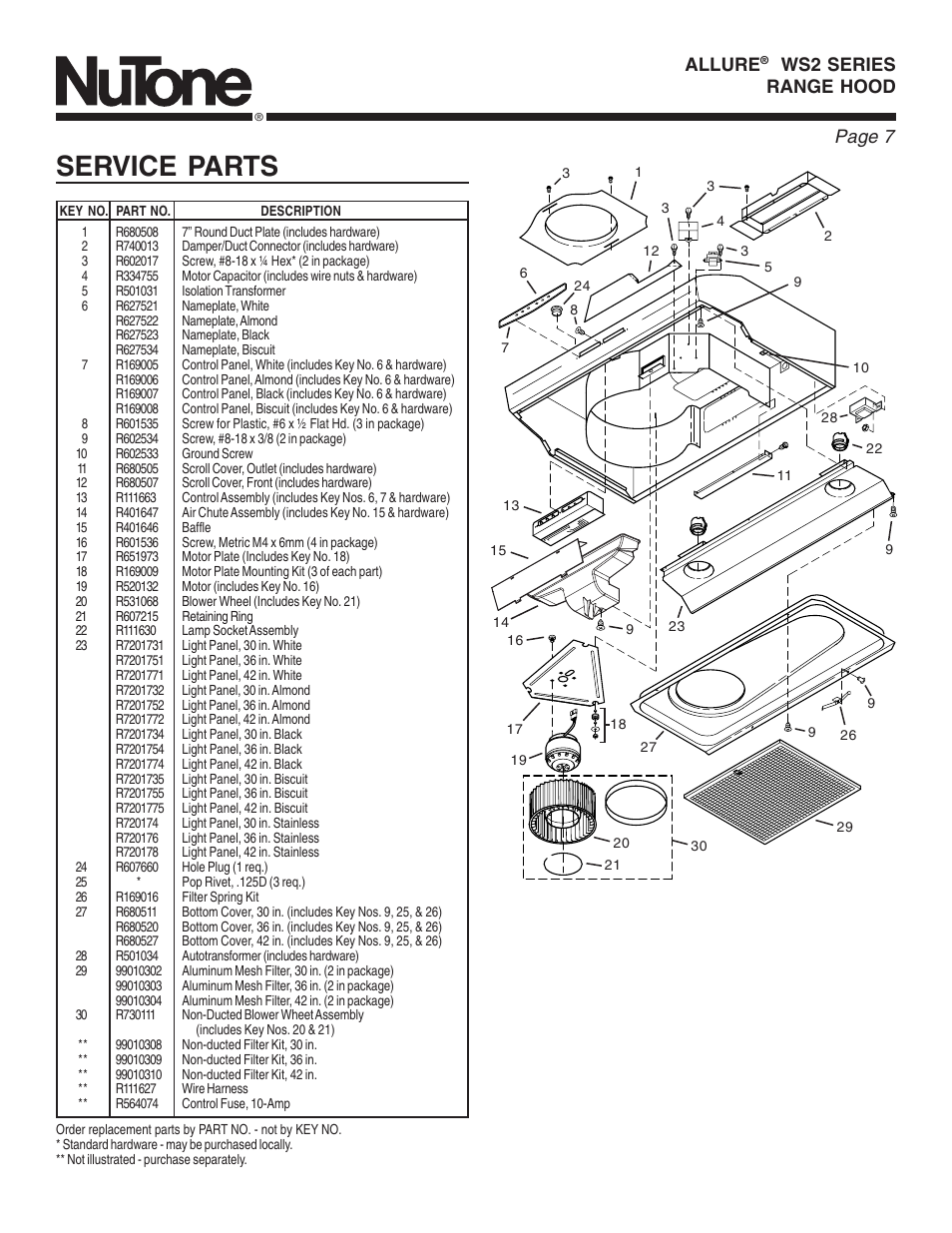 Service parts, Page 7, Allure | Ws2 series range hood | NuTone ALLURE WS2 User Manual | Page 7 / 16