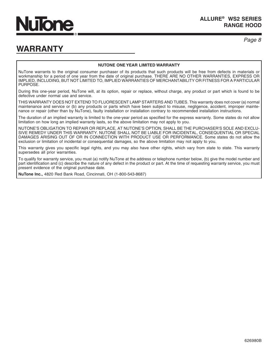 Warranty, Page 8 | NuTone ALLURE WS2 User Manual | Page 8 / 16