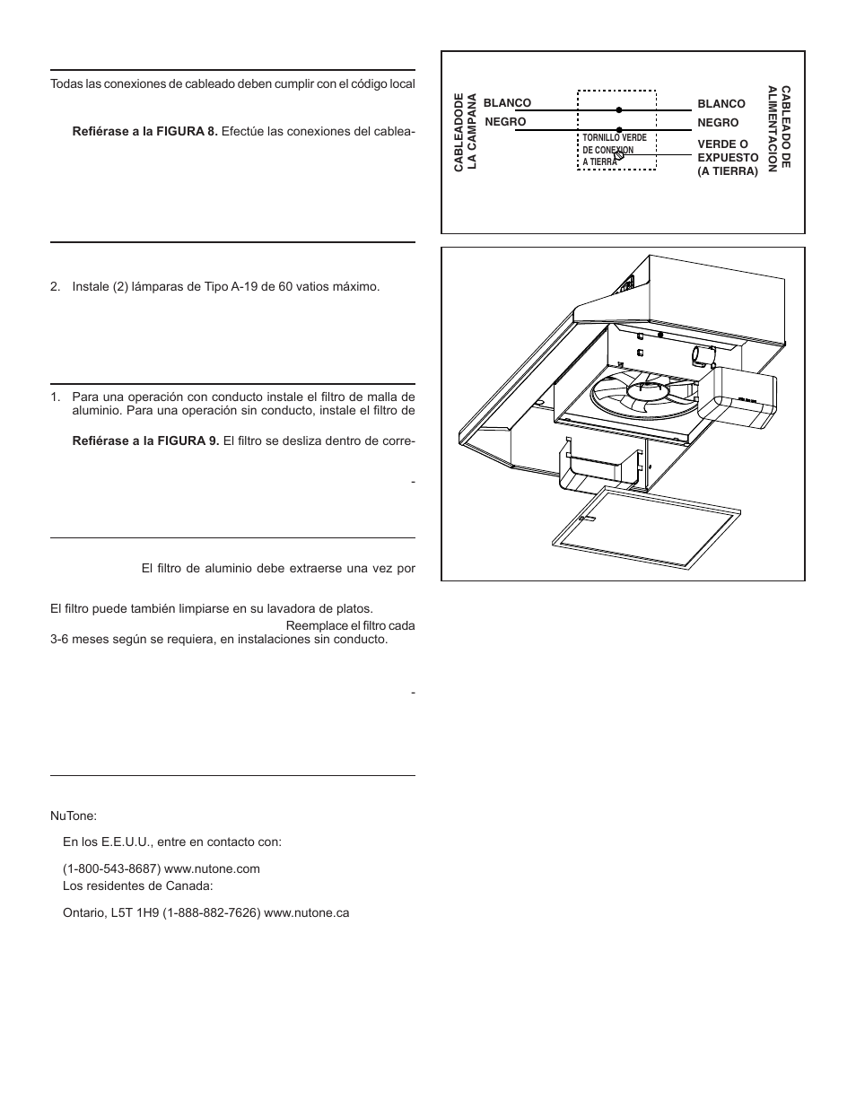 Conexiones de cableado, Instalacion y reemplazo de lampara, Instalacion y reemplazo de filtro | Mantenimiento, Piezas de repuesto | NuTone NS6500 Series User Manual | Page 10 / 12