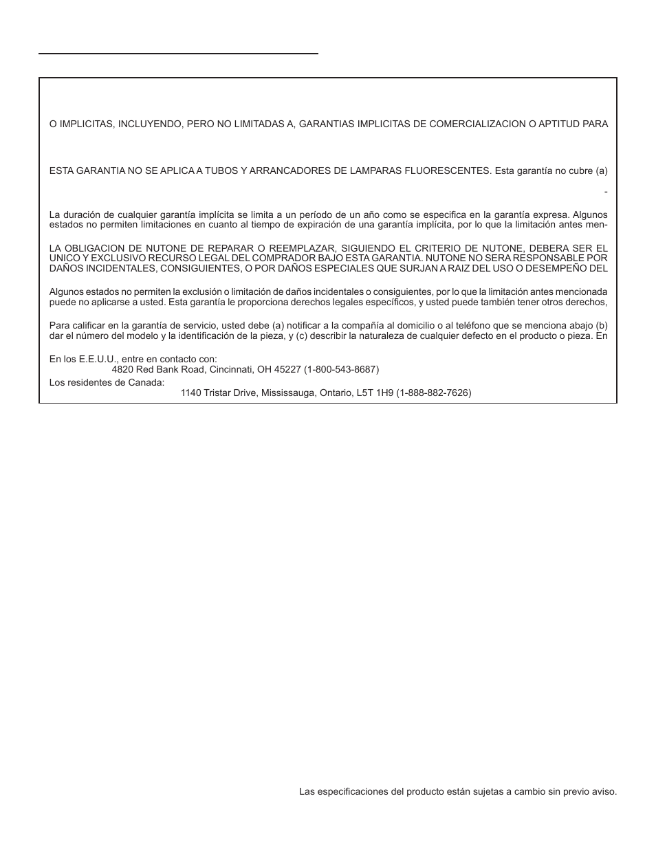 Garantia | NuTone NS6500 Series User Manual | Page 12 / 12