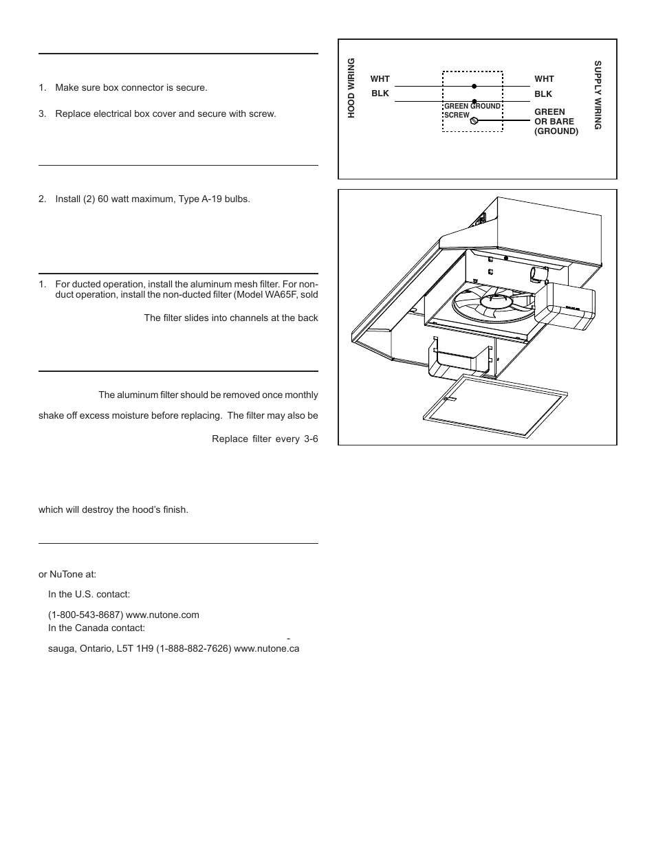 Wiring connections, Lamp installing or replacement, Filter installation and replacement | Maintenance, Replacement parts | NuTone NS6500 Series User Manual | Page 4 / 12