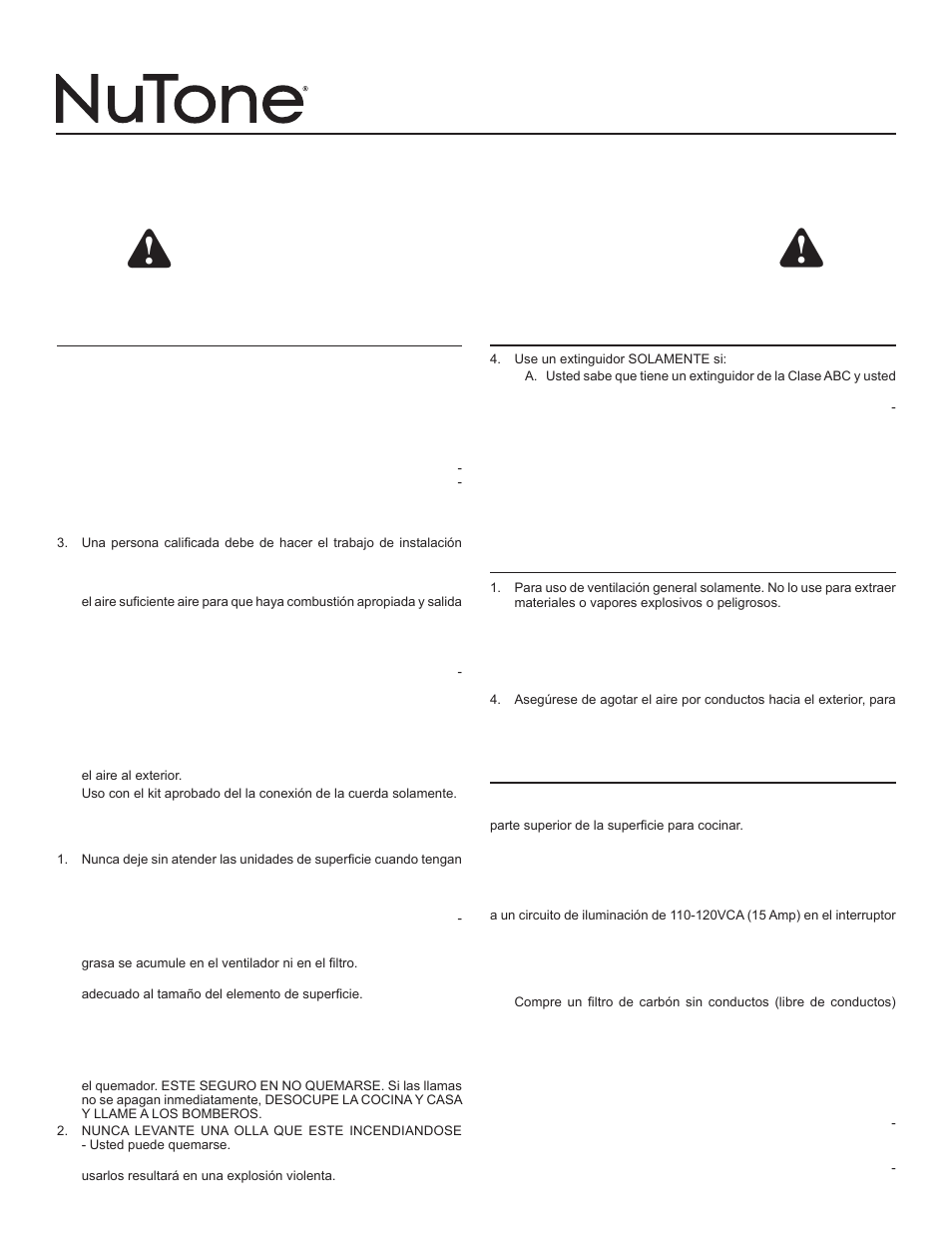 Campana de cocina serie ns6500, Previsto para cocinar doméstico solamente, Instrucciones importantes de seguridad | Planeamiento | NuTone NS6500 Series User Manual | Page 7 / 12
