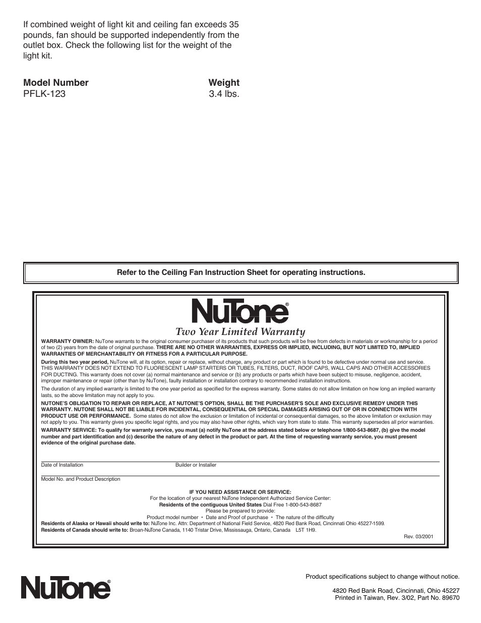 Two year limited warranty | NuTone PFLK-123 User Manual | Page 2 / 2