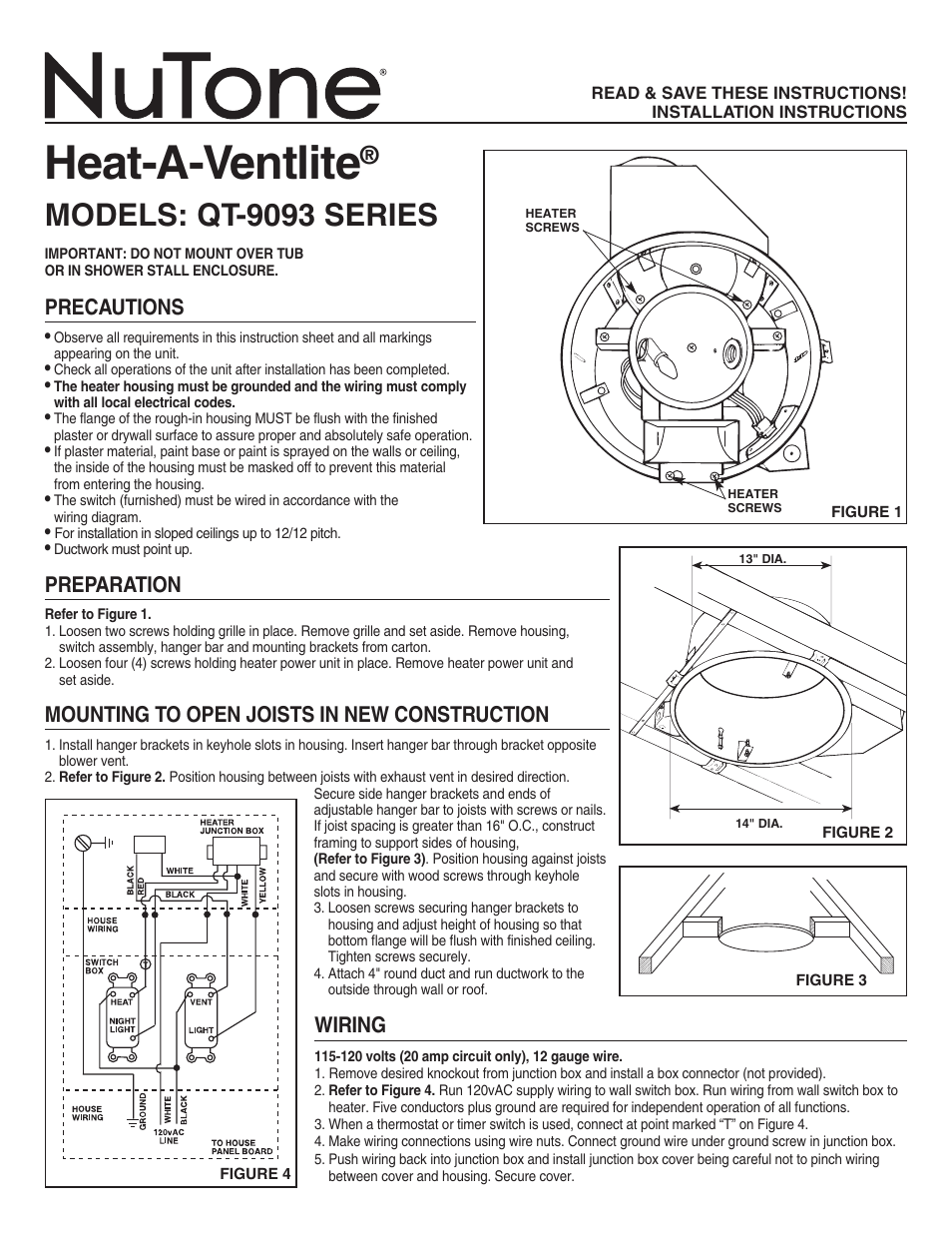 NuTone HEAT-A-VENTLITE QT-9093 User Manual | 2 pages