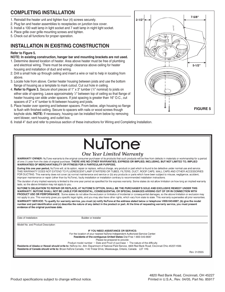 Completing installation, Installation in existing construction | NuTone HEAT-A-VENTLITE QT-9093 User Manual | Page 2 / 2