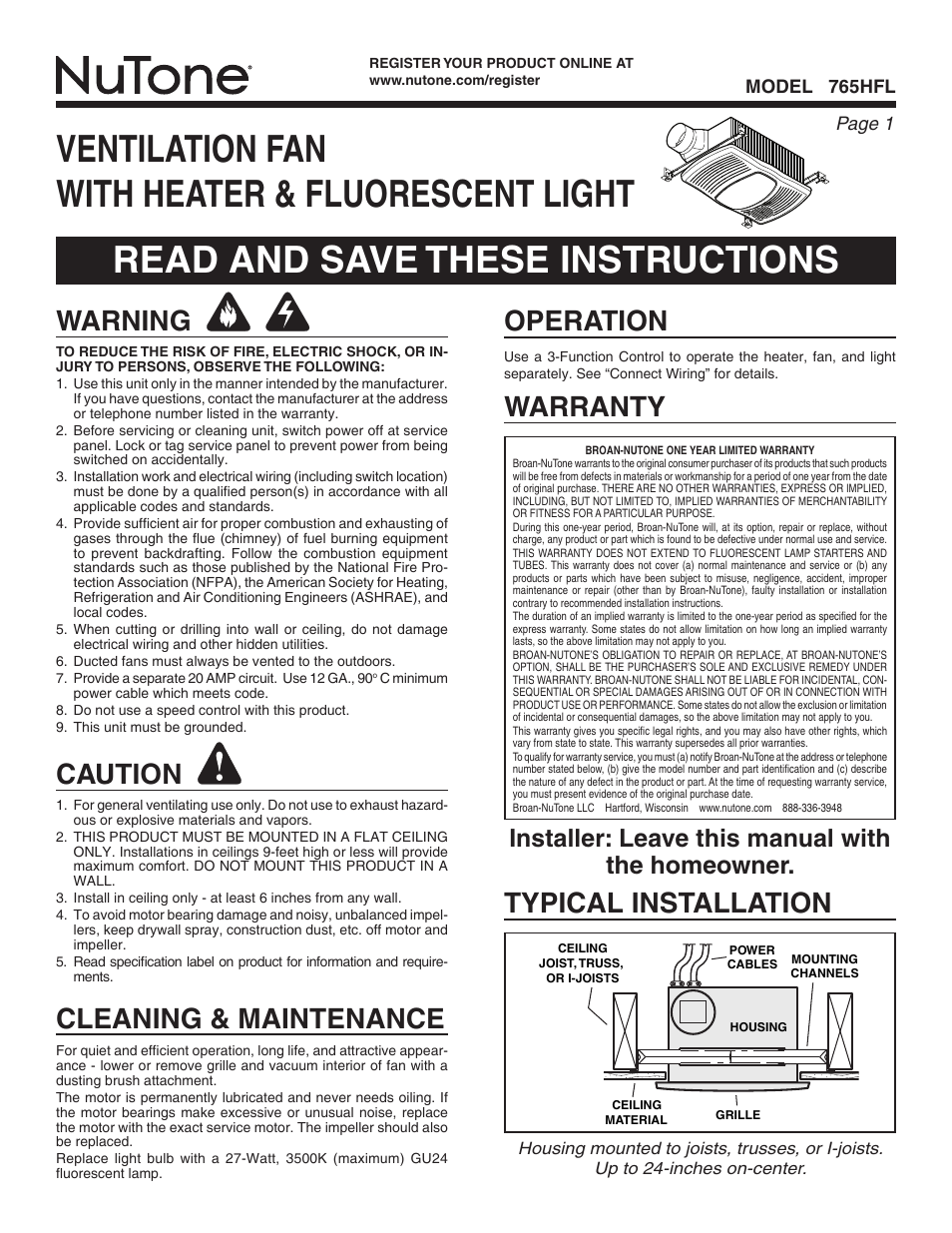 NuTone 765HFL User Manual | 8 pages