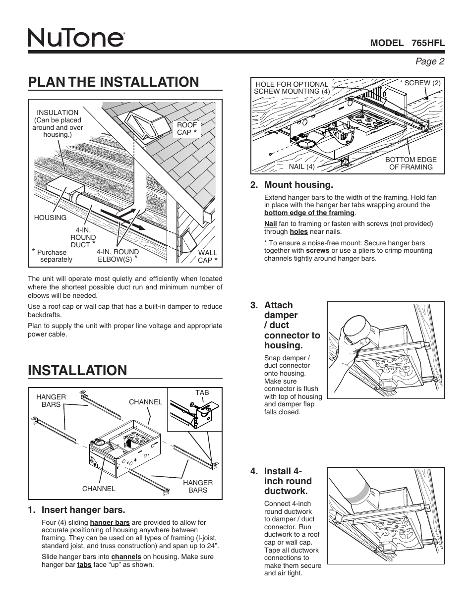 Plan the installation installation | NuTone 765HFL User Manual | Page 2 / 8