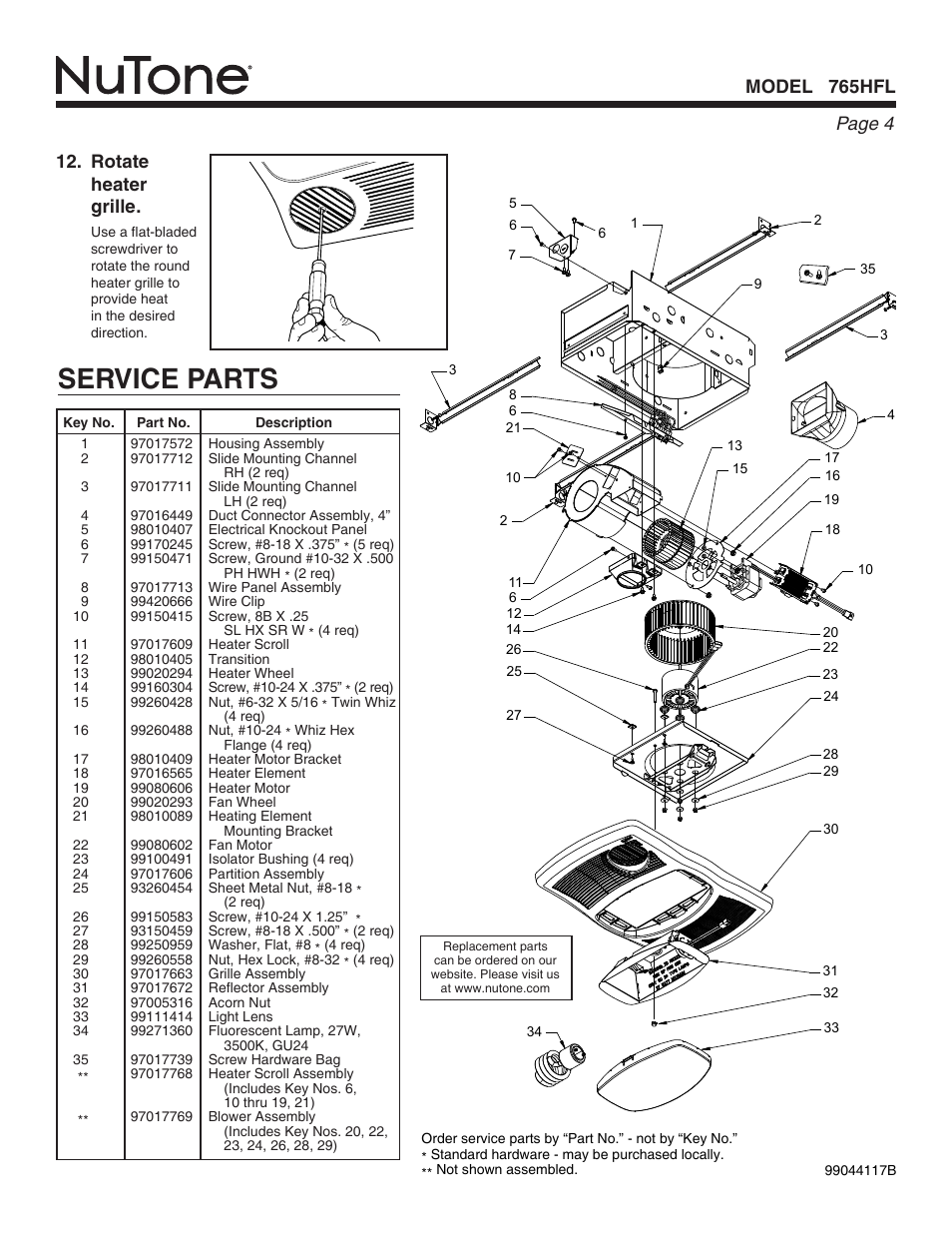 Service parts, Page 4 model 765hfl, Rotate heater grille | NuTone 765HFL User Manual | Page 4 / 8