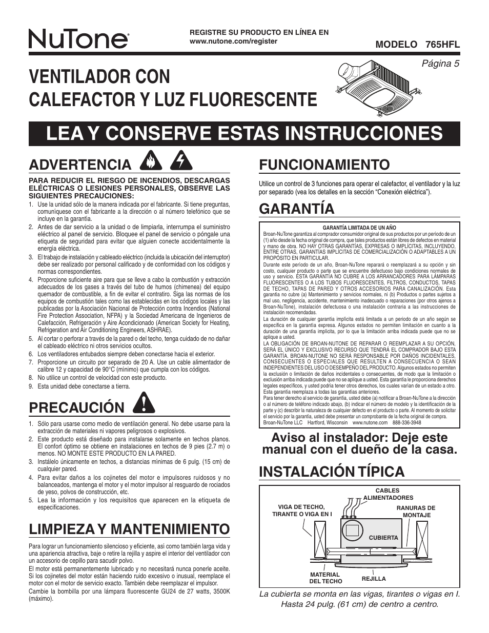 Advertencia, Precaución, Limpieza y mantenimiento garantía | Funcionamiento, Instalación típica, Página  modelo 765hfl | NuTone 765HFL User Manual | Page 5 / 8