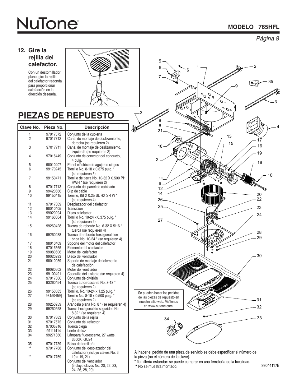 Piezas de repuesto, Página  modelo 765hfl, Gire la rejilla del calefactor | NuTone 765HFL User Manual | Page 8 / 8