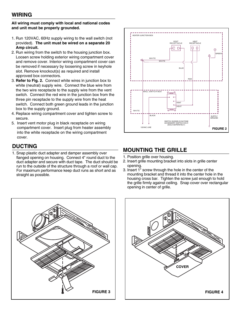 Wiring, Ducting, Mounting the grille | NuTone HEAT-A-VENT 605RP User Manual | Page 2 / 6