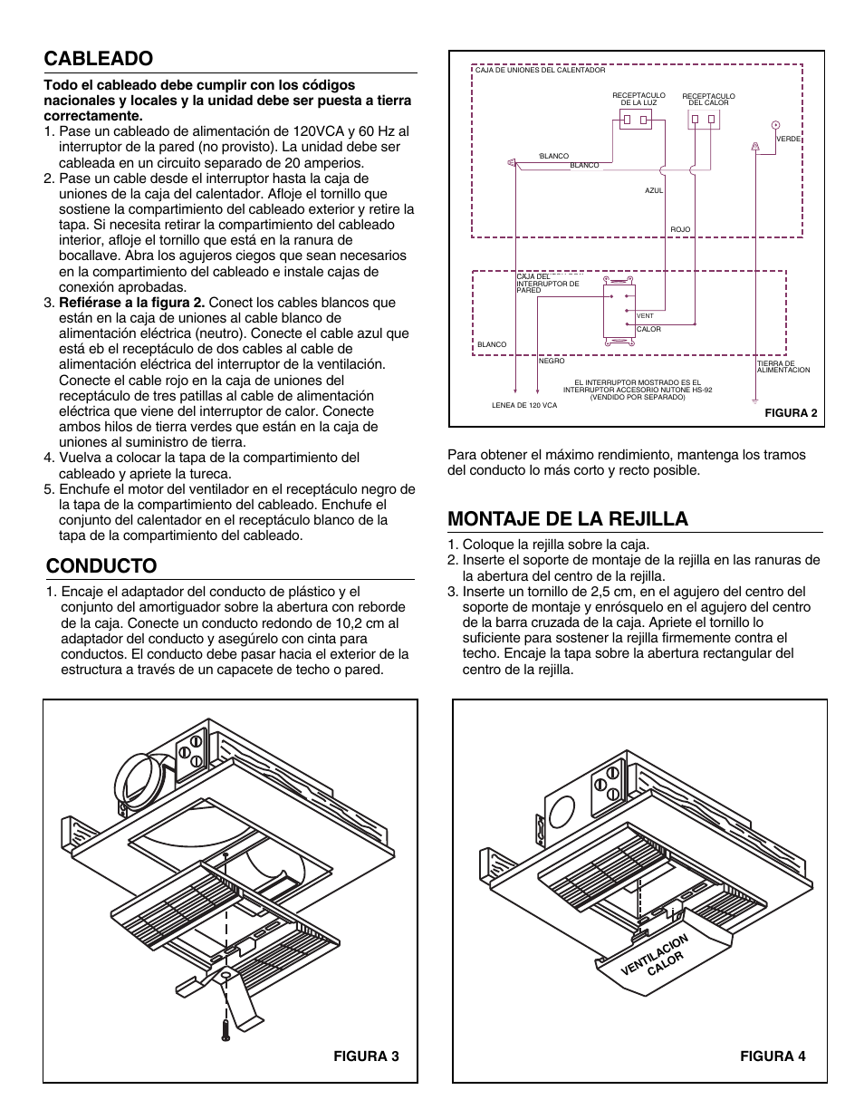 Cableado, Conducto, Montaje de la rejilla | NuTone HEAT-A-VENT 605RP User Manual | Page 4 / 6