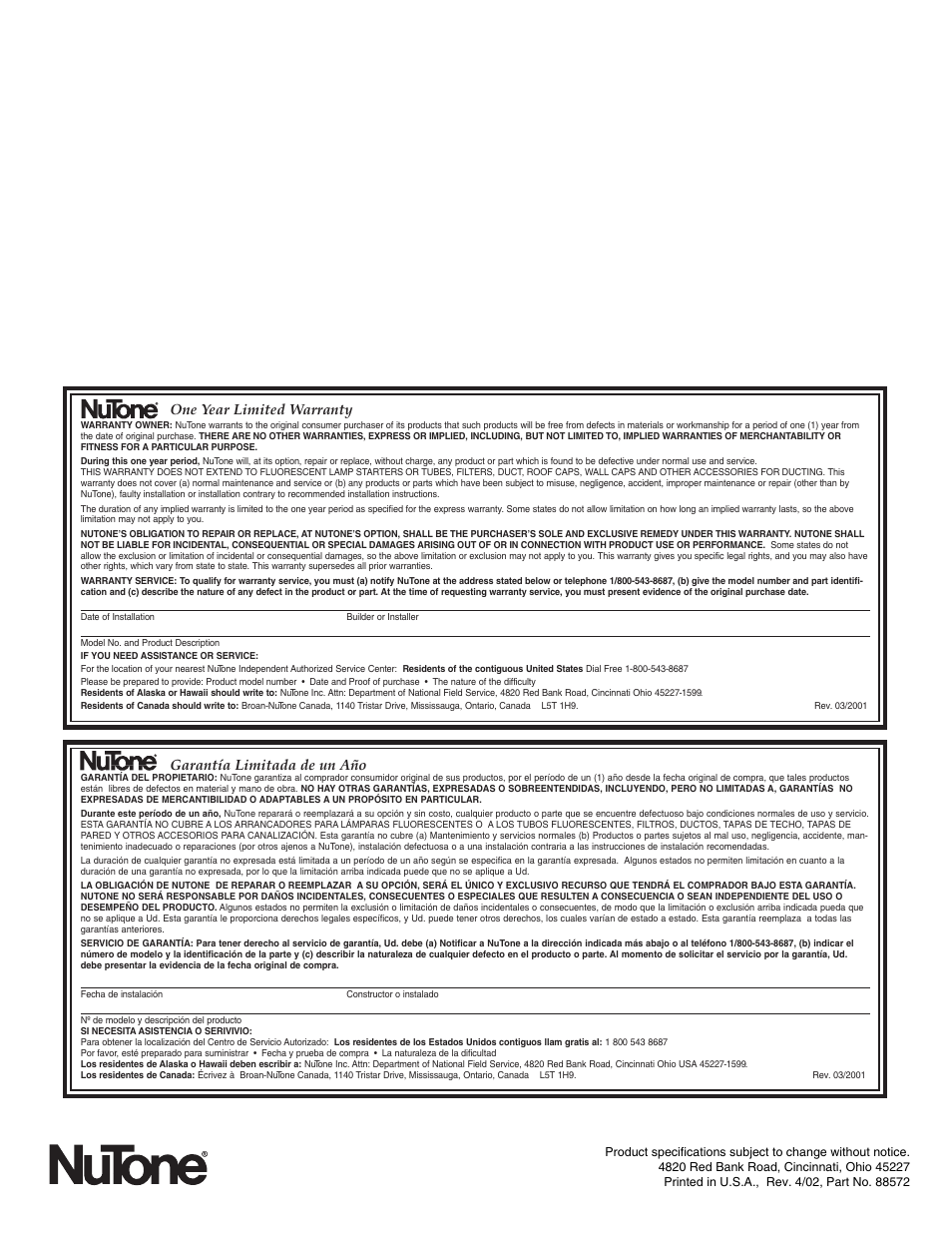 Garantía limitada de un año, One year limited warranty | NuTone HEAT-A-VENT 605RP User Manual | Page 5 / 6