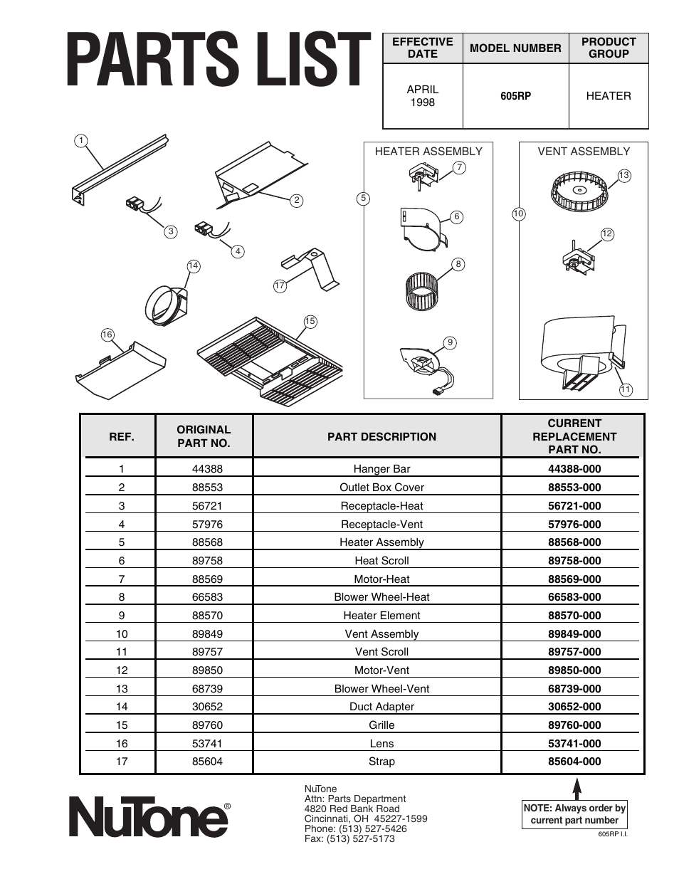 Parts list | NuTone HEAT-A-VENT 605RP User Manual | Page 6 / 6