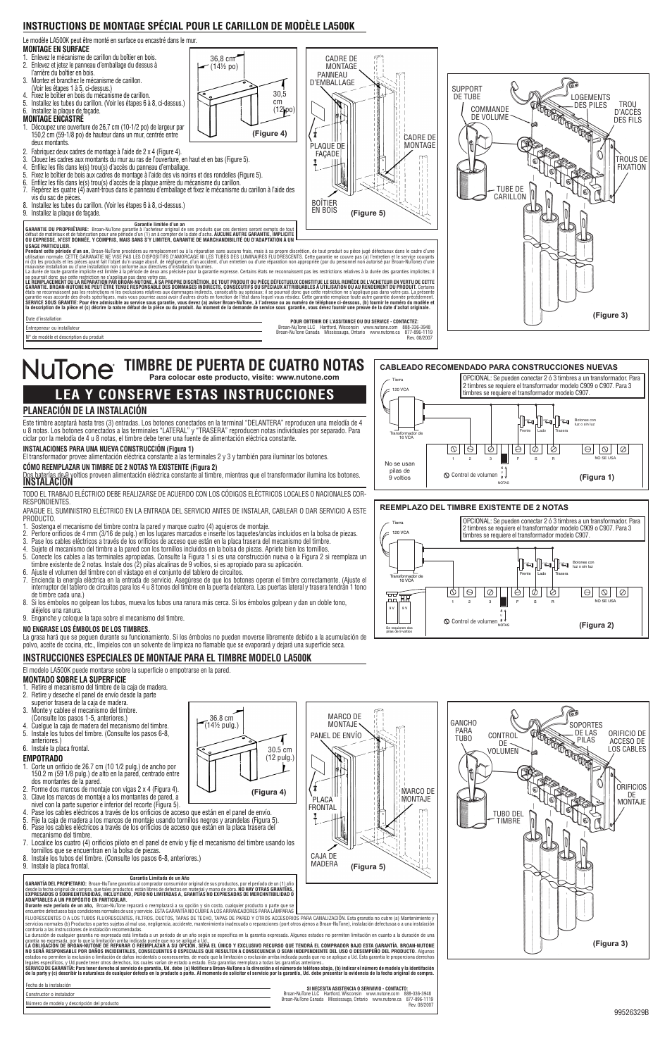 Timbre de puerta de cuatro notas, Lea y conserve estas instrucciones, Planeación de la instalación | Instalación | NuTone LA501CY User Manual | Page 2 / 2