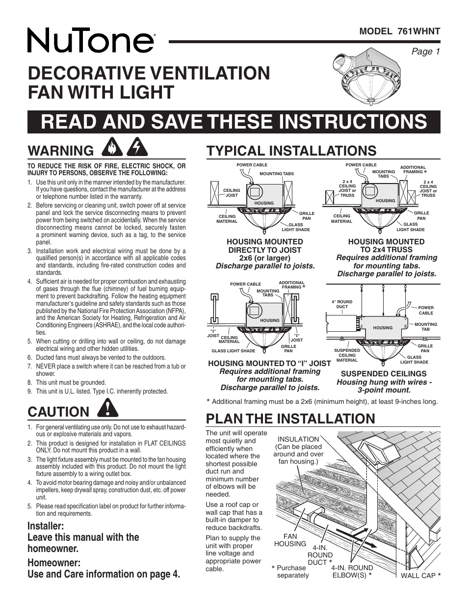 NuTone 761WHNT User Manual | 12 pages