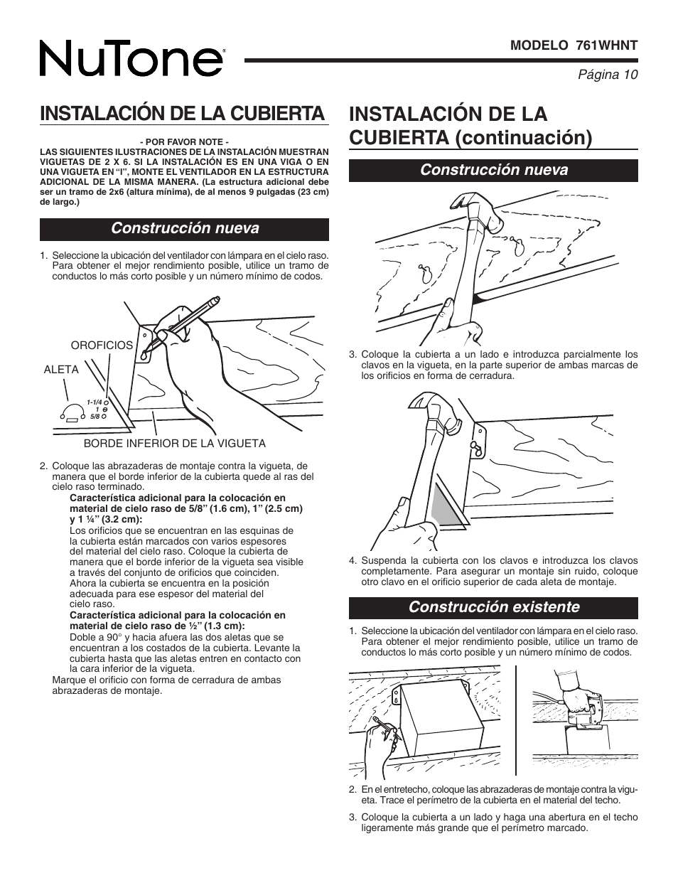 Construcción nueva construcción existente, Construcción nueva, Página 0 modelo 761whnt | NuTone 761WHNT User Manual | Page 10 / 12